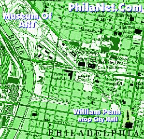 Map of Center City Philadelphia,  the Museum of Art, and William Penn